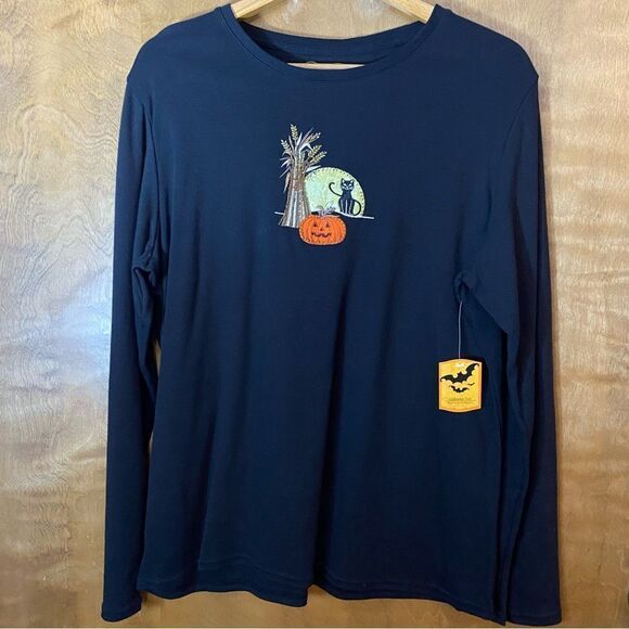 HARVEST Moon Halloween black‎ long sleeve embroidered crew neck cotton tee - Picture 1 of 6